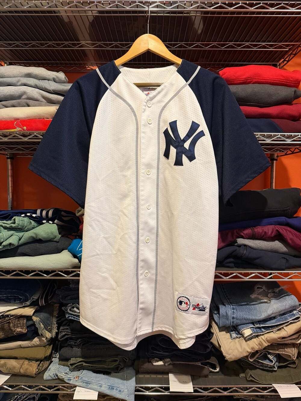 Majestic New York Yankees MLB Jersey White Navy Mesh Button Up Vintage Medium